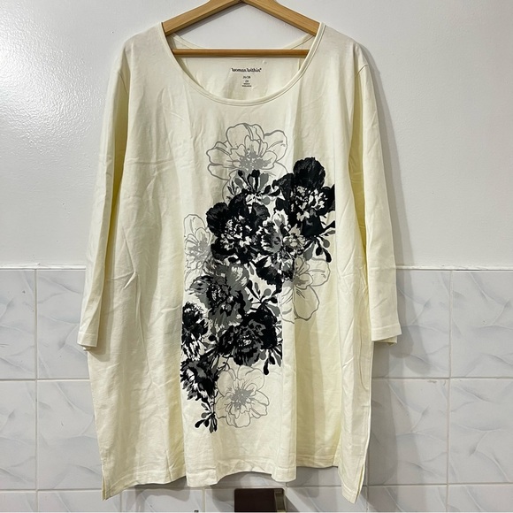 Woman Within 2XL Ivory Cream Floral Graphic Print 100% Cotton 3/4 Sleeve Shirt - Picture 1 of 7